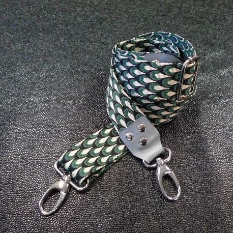 Bandoulière réglable Paon émeraude et cuir véritable